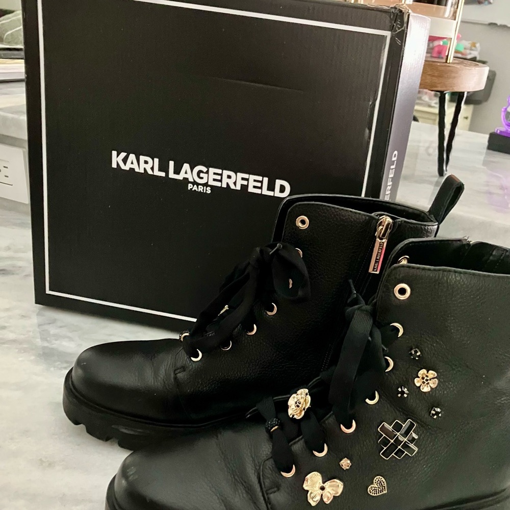Karl Lagerfeld Black Leather Boots with Gold Accents